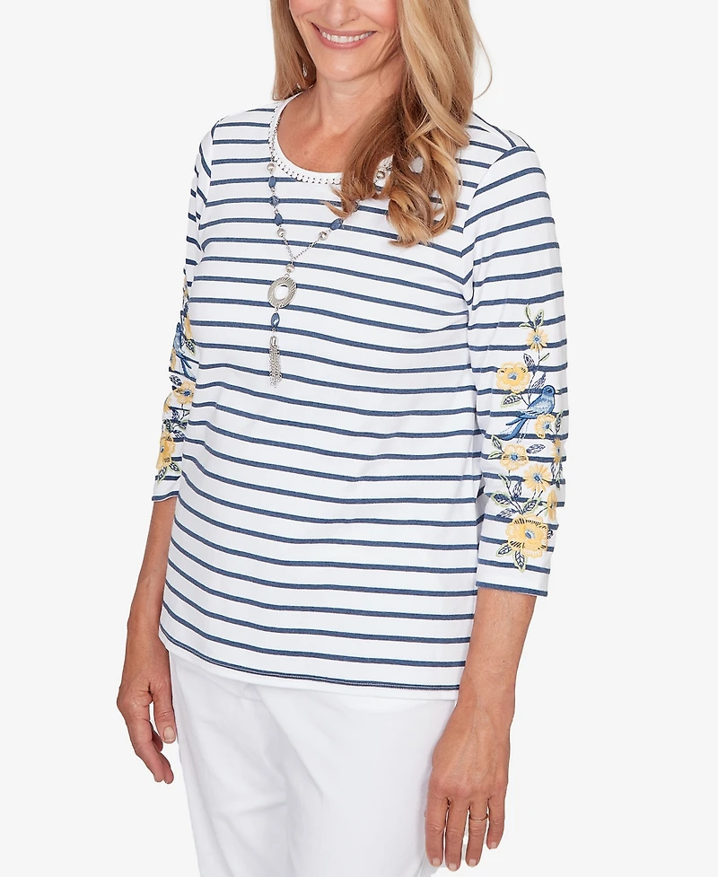 Alfred Dunner Women's Classic Floral Embroidered Stripe Top with Necklace