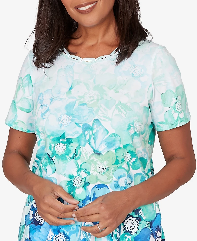 Alfred Dunner Women's Floral Ombre Embellished Neck T-Shirt