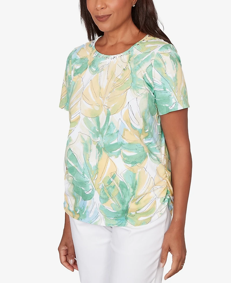 Alfred Dunner Women's Tropical Leaf Beaded Neck Ruched T-Shirt