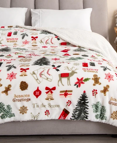 Linery & Co. Velvet Plush Fleece Reversible Sherpa Christmas Throw
