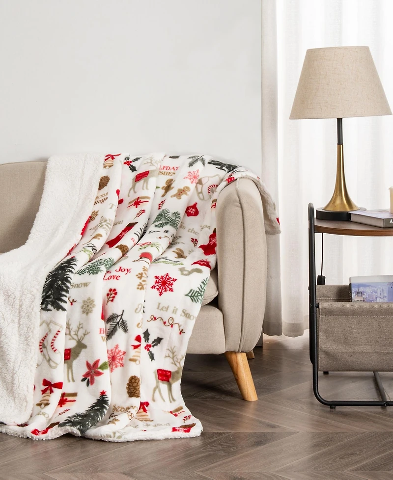 Linery & Co. Velvet Plush Fleece Reversible Sherpa Christmas Throw