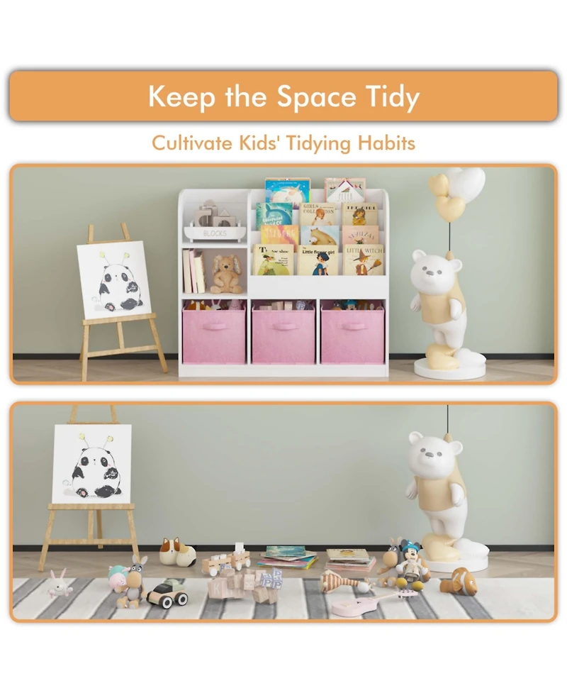 Cesicia White/Pink Kids Bookcase with 3 Collapsible Fabric Drawers for Bedroom