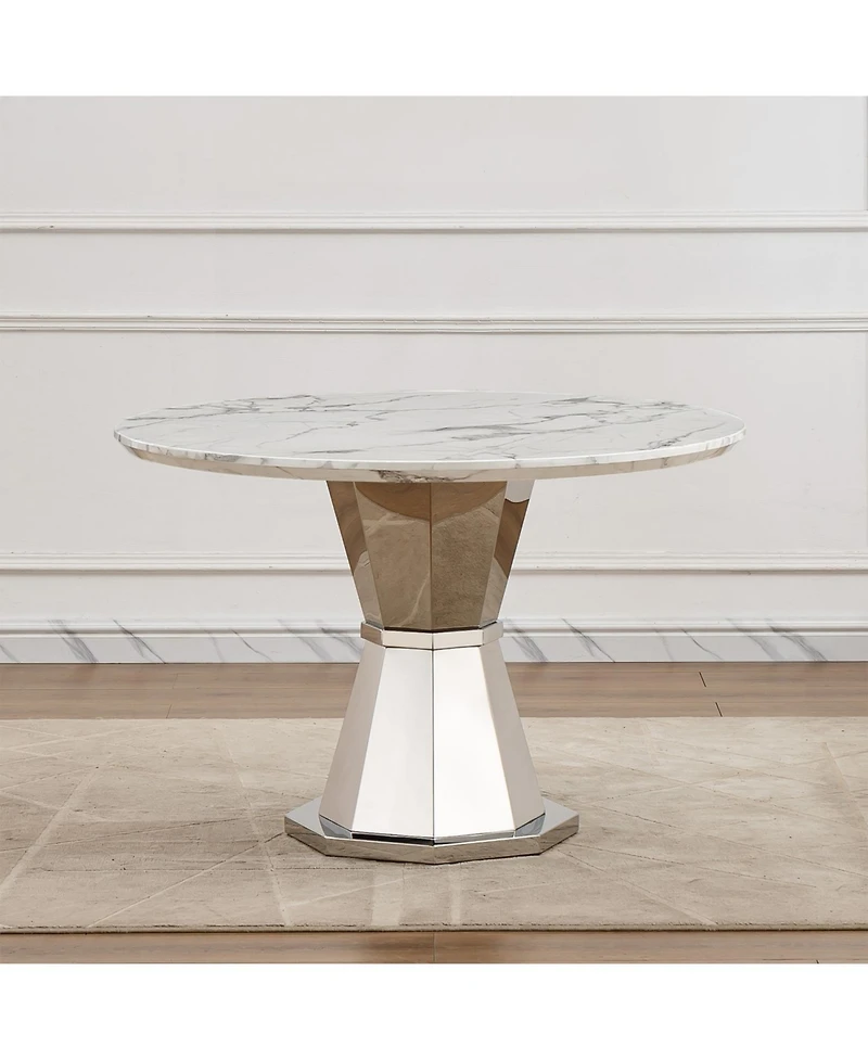 Streamdale Furniture 47" Round Marble Dining Table, High Gloss Faux Marble Top, Stainless Steel Base (White