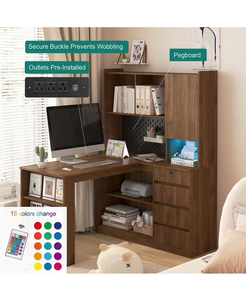 Streamdale Furniture + L-Shaped + Wood/Engineered Wood (assuming material) + Drawers, Bookshelf, Led Light, Corner Gaming + Desk