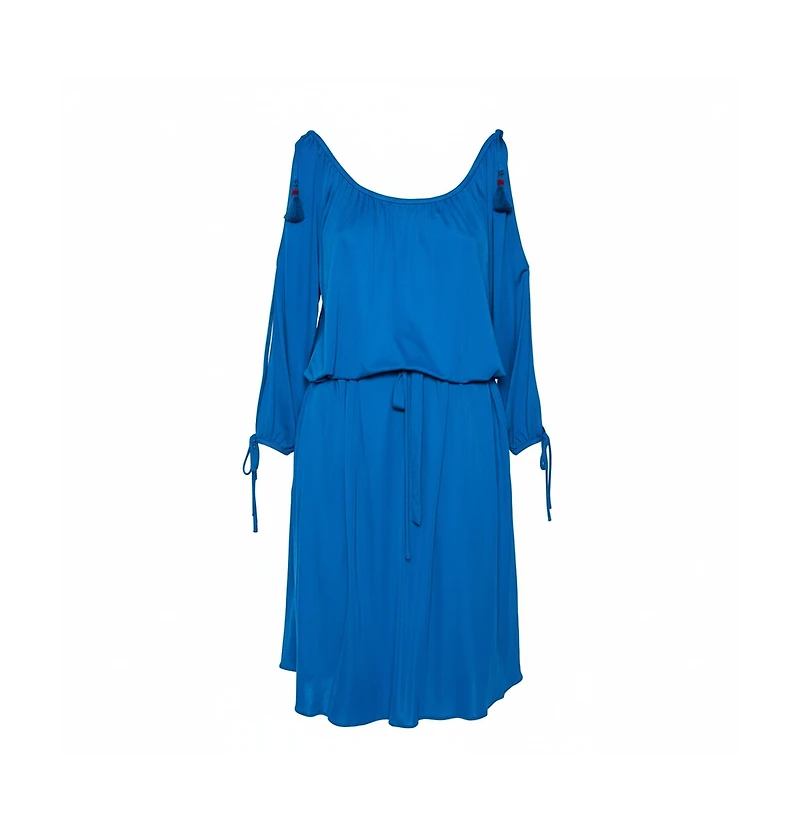 Pre-Owned Roberto Cavalli Women's Blue Jersey Cold Shoulder Tassel Tie Detailed Belted Dress