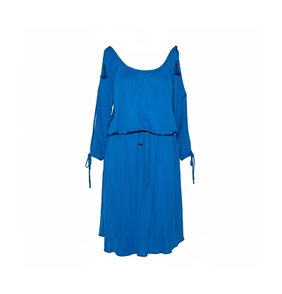 Pre-Owned Roberto Cavalli Women's Blue Jersey Cold Shoulder Tassel Tie Detailed Belted Dress