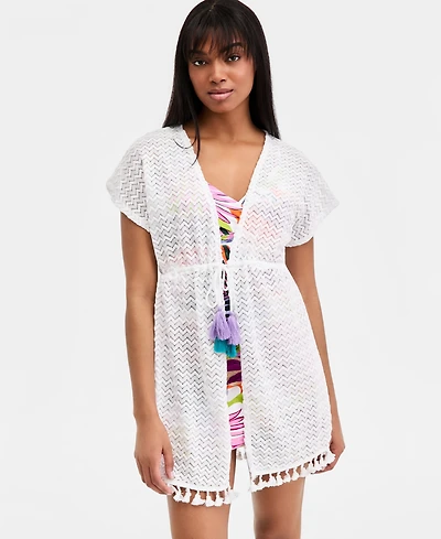 Miken Juniors' Crochet Tassel-Trimmed Tie-Front Kimono Cover-Up, Exclusively at Macy's
