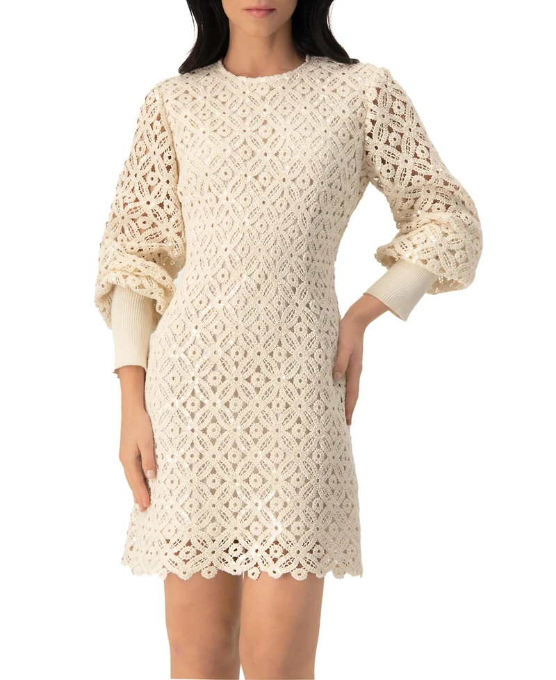 Ivonne Women's Embroidered Crochet Mini Dress with Sequin Detailing