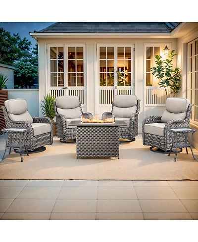 Gymojoy Crescent All-weather Pe Wicker Fire Pit Conversation Set with Olefin 6 In. Thick Cushions Patio Swivel Chairs Side Tables (7-Piece)