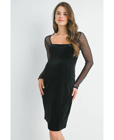 Hello Miz Maternity Sheer Long Sleeve Square Neck Veltvet Dress