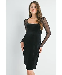 Hello Miz Maternity Sheer Long Sleeve Square Neck Veltvet Dress