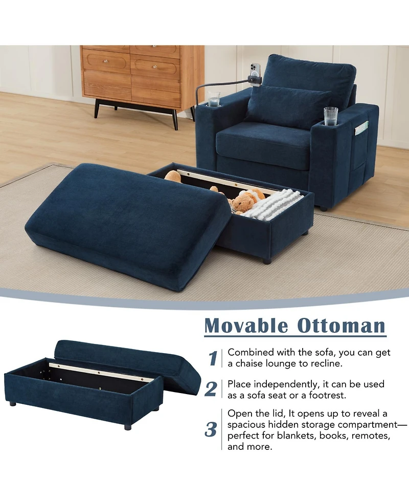 Streamdale Furniture Modern Armchair Chaise Lounge Sofa w/ Ottoman, Usb Ports, Cup & Phone Holders - Blue