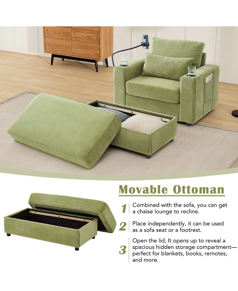 Streamdale Furniture Modern Green Armchair with Ottoman, Usb Ports & Cup Holders