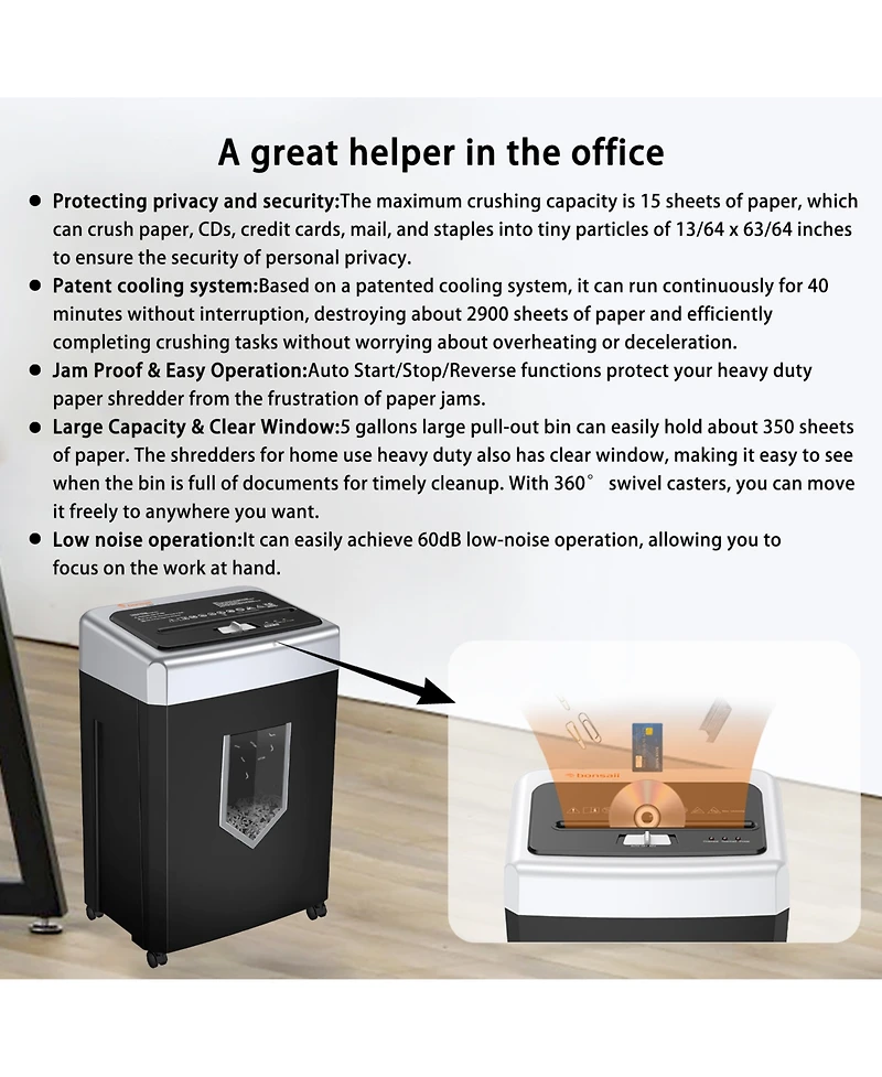 Bonsaii 15-Sheet Office Paper Shredder, 40-min run, Heavy-Duty, Crosscut, Anti-Jam, P-4 Security, Shreds Paper/Cd/Cards, 5 Gal Bin