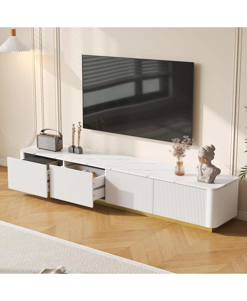 Streamdale Furniture Luxury Fluted Tv Stand - Faux Marble Top, 4 Drawers, Gold Base, White