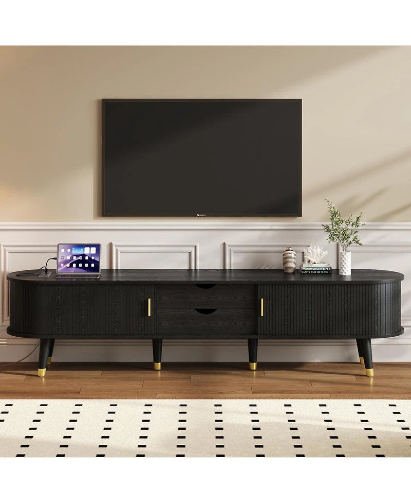 Streamdale Furniture Wooden Oval Tv Stand with Charging Station, Mid-Century Media Console, Black
