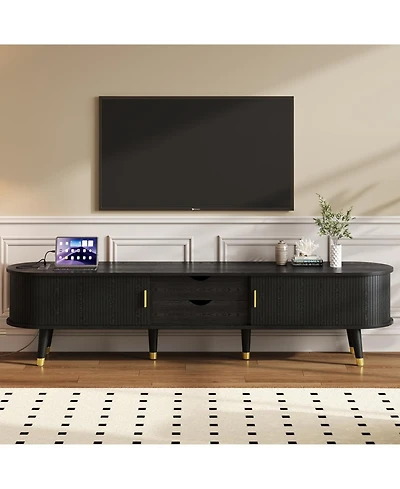 Streamdale Furniture Wooden Oval Tv Stand with Charging Station, Mid-Century Media Console, Black