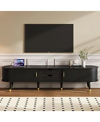 Streamdale Furniture Wooden Oval Tv Stand with Charging Station, Mid-Century Media Console, Black