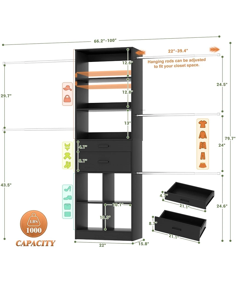 Aheaplus 4-8 Ft Walk-in Adjustable Closet Organizer System with 2 Drawers and 5 Rods