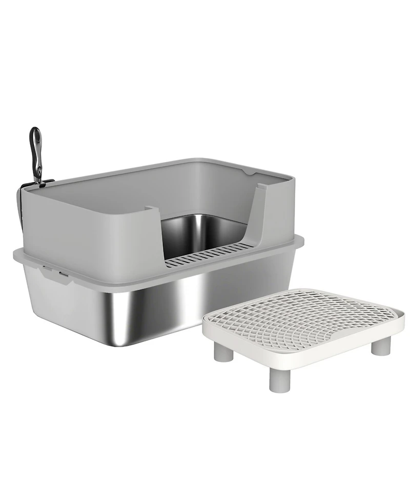 Aostirmotor Sleek Gray Stainless Steel Litter Box with High Sides & Scoop – Elevate Your Home with Refined Odor Control
