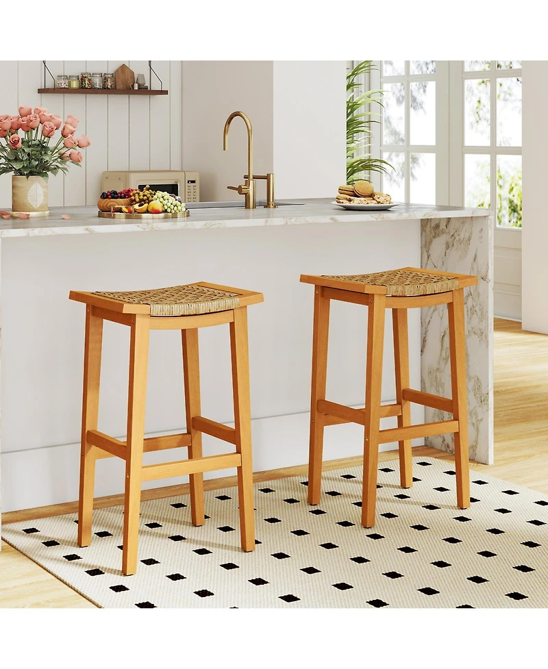 Gymax Outdoor Acacia Wood Bar Stools Set of w/ Pe Rattan Seats & Backrests