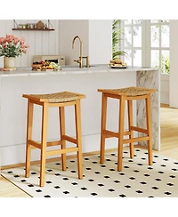 Gymax Outdoor Acacia Wood Bar Stools Set of w/ Pe Rattan Seats & Backrests