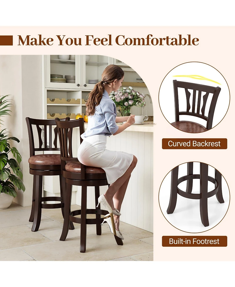 Gymax 26'' Counter Height Swivel Bar Stools Set of 2 w/Back & Faux Leather Seat