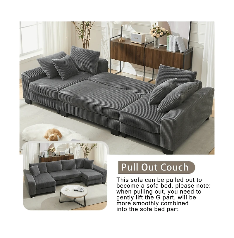 Maison Boucle 114" U-Shaped Corduroy Upholstery Pull-Out Sleeper Bed, Oversized Convertible Sectional, Chaise Lounges, Pillows & Cushions Sofa Be
