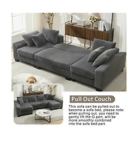 Maison Boucle 114" U-Shaped Corduroy Upholstery Pull-Out Sleeper Bed, Oversized Convertible Sectional, Chaise Lounges, Pillows & Cushions Sofa Be