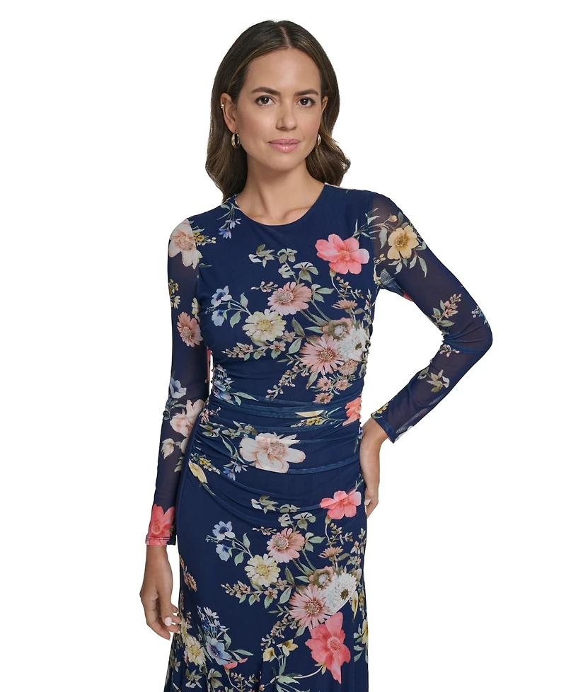 Vince Camuto Women's Printed Mesh Long-Sleeve Asymmetrical Hem Bodycon Dress