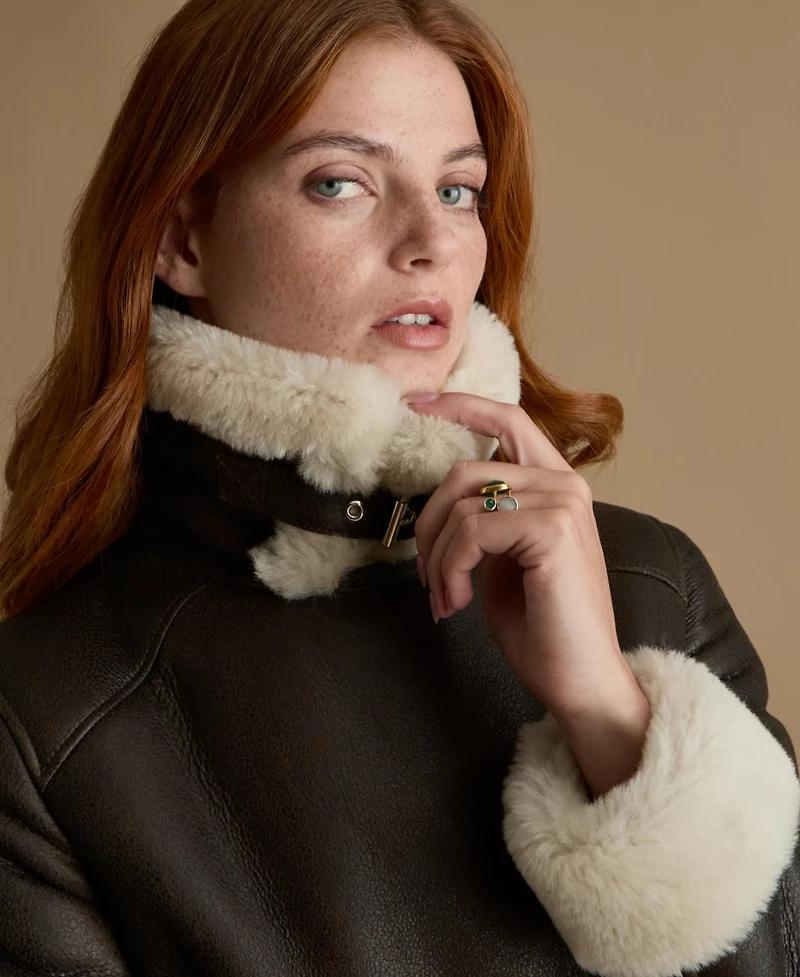 Furniq Uk Women's Cropped Aviator Style Shearling Jacket with Contrast Trim