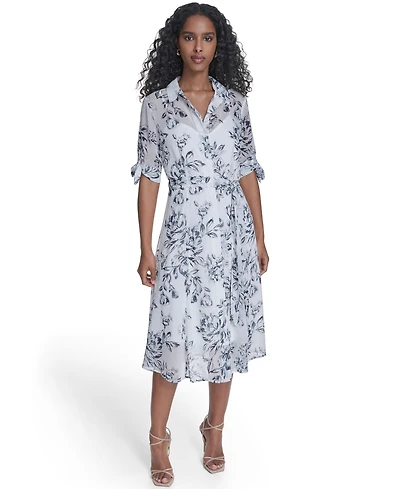 Calvin Klein Women's Tie-Sleeve Printed Midi Dress