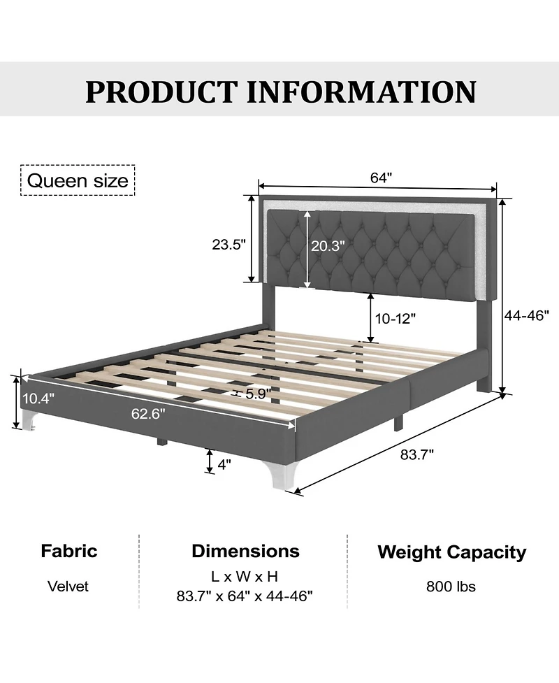 Streamdale Furniture Queen Upholstered Led Bed Set with 2 Nightstands