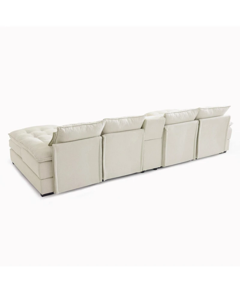 Streamdale Furniture 130" U-Shaped Sofa with Console Cupholders Sleeper & Chaise (Beige)