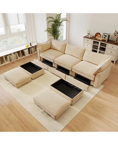 Streamdale Furniture U-Shaped 3-Seater Sofa w/ Footstools & Storage - Chenille Wheat