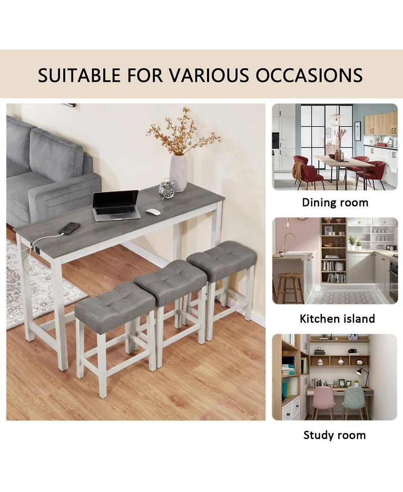 Streamdale Bar Table Set with 3 Stools, Power Outlet, White & Grey
