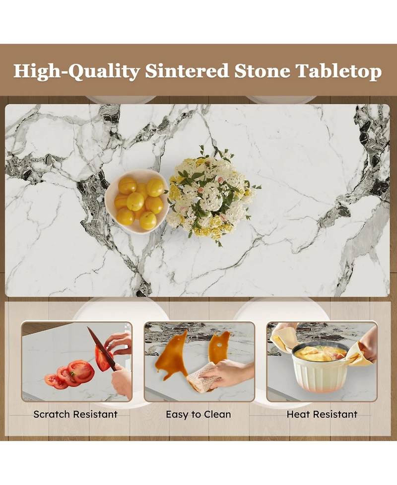 Streamdale Furniture 63" Modern Dining Table Set, Burnt Stone Top, Gold Base, 4 White Chairs