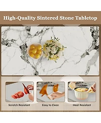 Streamdale Furniture 63" Modern Dining Table Set, Burnt Stone Top, Gold Base, 4 White Chairs