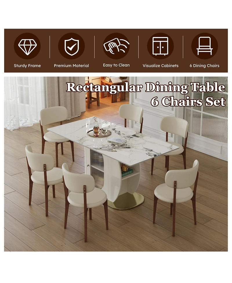 Streamdale Furniture 63" Modern Dining Table Set, Burnt Stone Top, Gold Base, 6