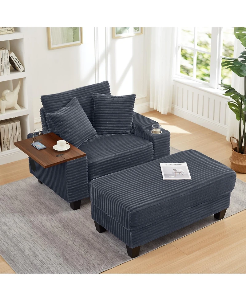 Streamdale Corduroy Sofa Bed with Ottoman, Bluetooth, Usb, Rotating Table