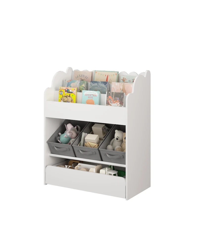Streamdale Furniture Kids Bookshelf with Storage Bins & Drawer - White Wooden Book Organizer