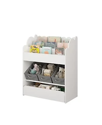 Streamdale Furniture Kids Bookshelf with Storage Bins & Drawer - White Wooden Book Organizer