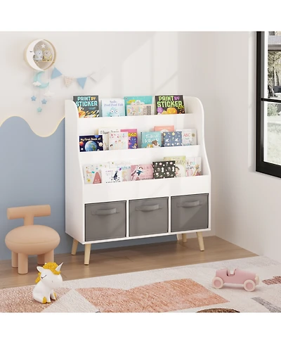 Streamdale Kids Bookshelf with 3 Fabric Bins White Wooden Book Organizer