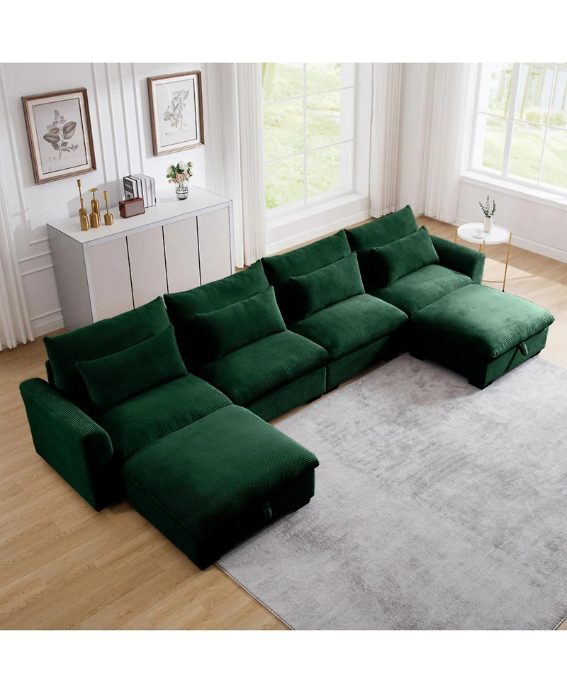 Streamdale Furniture Green Corduroy U-Shaped Sectional Sofa with Storage Ottomans