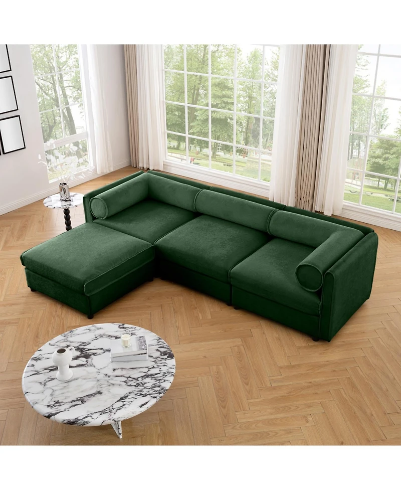 Streamdale Furniture Elegant Green Chenille L-Shaped Sofa with Storage and Ottoman.