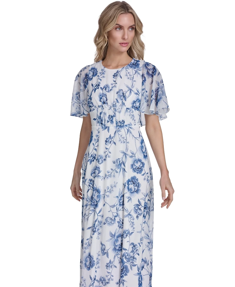 Calvin Klein Women's Cape-Sleeve Smocked Printed Dress