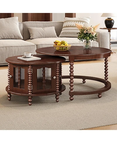 Streamdale Furniture Vintage Round Nesting Coffee Table, Bamboo Glass Doors, Beaded Legs, Walnut, 31.5"