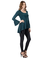 24seven Comfort Apparel Women's Long Bell Sleeve High Low Tunic Top
