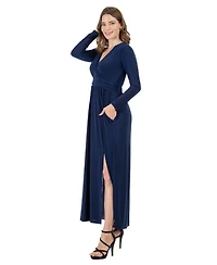 24seven Comfort Apparel Women's Long Sleeve V-neck Side Slit Maxi Dress