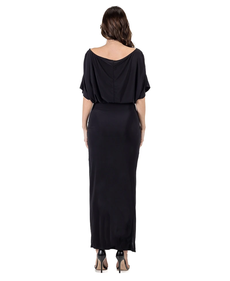 24seven Comfort Apparel Women's Boat Neck Batwing Sleeve Slit Maxi Dress